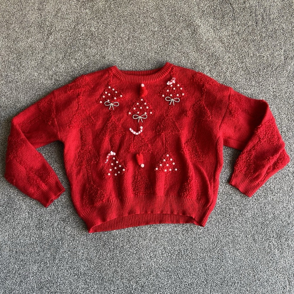 SHEIN Womens S Red Christmas Ugly Sweater Pearl Tree Holiday Pullover